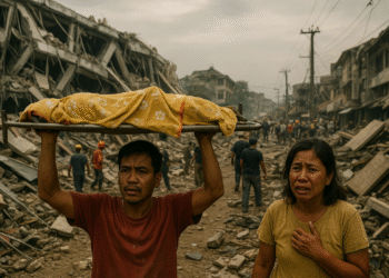 Aftermath of the 2025 Cebu, Philippines earthquake showing collapsed buildings, injured survivors, and emergency responders near overwhelmed hospitals