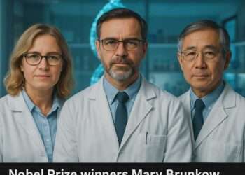 2025 Nobel Prize winners Mary Brunkow, Fred Ramsdell, and Shimon Sakaguchi in a laboratory, symbolizing their discovery of immune system balance.