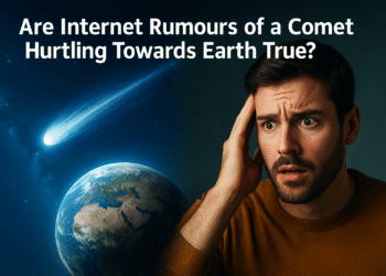 Comet and Earth concept image showing space object near planet symbolizing rumors of collision