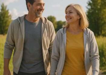 Healthy mature couple walking outdoors in sunlight, smiling and enjoying nature — symbol of balanced lifestyle, longevity, and wellbeing.