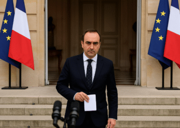 A French government official in a navy suit speaks at a press conference outside the Élysée Palace in Paris during daylight, with the French and European Union flags standing behind him.