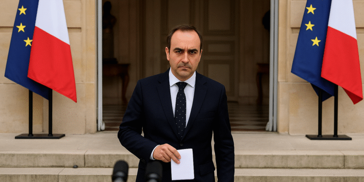 France PM Lecornu Resigns, Political Crisis Deepens 1 A French government official in a navy suit speaks at a press conference outside the Élysée Palace in Paris during daylight, with the French and European Union flags standing behind him.