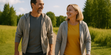 Healthy mature couple walking outdoors in sunlight, smiling and enjoying nature — symbol of balanced lifestyle, longevity, and wellbeing.