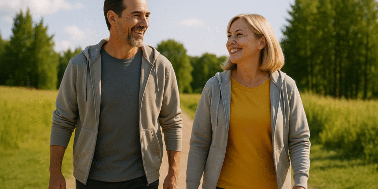 Healthy mature couple walking outdoors in sunlight, smiling and enjoying nature — symbol of balanced lifestyle, longevity, and wellbeing.