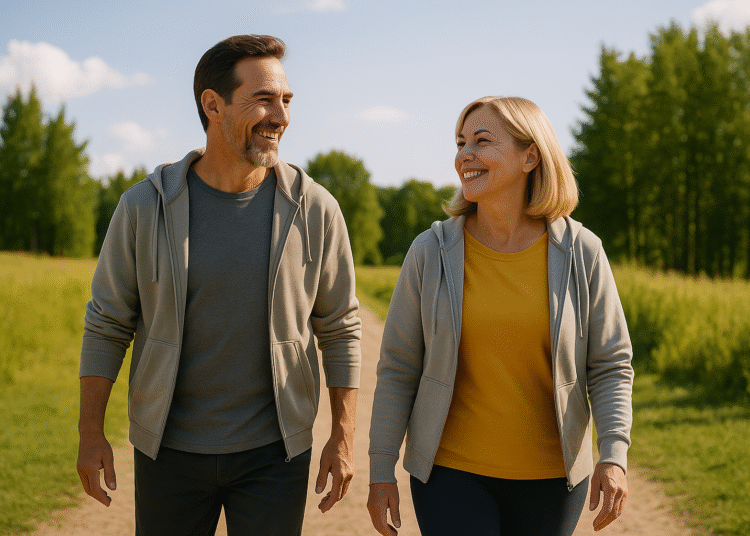 Healthy mature couple walking outdoors in sunlight, smiling and enjoying nature — symbol of balanced lifestyle, longevity, and wellbeing.