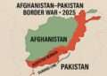 Afghanistan–Pakistan Border War 2025: Rising Tensions 15 Detailed political map highlighting the Afghanistan–Pakistan border conflict of 2025, showing the Durand Line in red and marked battle zones such as Torkham, Chaman, and Kurram — symbolizing ongoing regional tension and historical disputes.”