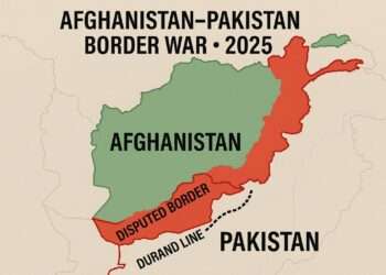 Detailed political map highlighting the Afghanistan–Pakistan border conflict of 2025, showing the Durand Line in red and marked battle zones such as Torkham, Chaman, and Kurram — symbolizing ongoing regional tension and historical disputes.”