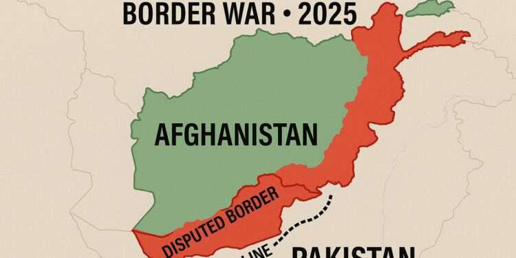 Afghanistan–Pakistan Border War 2025: Rising Tensions 1 Detailed political map highlighting the Afghanistan–Pakistan border conflict of 2025, showing the Durand Line in red and marked battle zones such as Torkham, Chaman, and Kurram — symbolizing ongoing regional tension and historical disputes.”