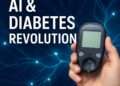 AI and Diabetes: Revolutionizing Treatment Methods 14 A futuristic blue neural network with a glucometer and data streams representing artificial intelligence transforming diabetes treatment.