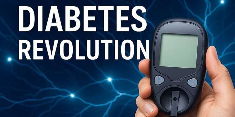 AI and Diabetes: Revolutionizing Treatment Methods 1 A futuristic blue neural network with a glucometer and data streams representing artificial intelligence transforming diabetes treatment.