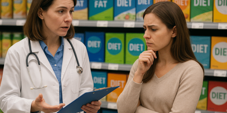 A female doctor in a white coat discusses diet and nutrition with a patient in a supermarket aisle filled with “Low Fat” and “Diet” products.