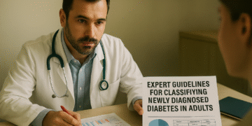 Expert Guidelines for Adult Diabetes Classification 19 Doctor in white coat reviewing diabetes test results on computer in modern medical lab, realistic lighting and professional setting.