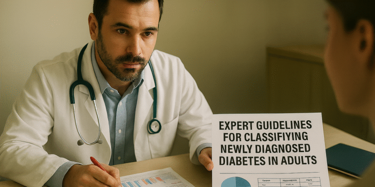 Expert Guidelines for Adult Diabetes Classification 1 Doctor in white coat reviewing diabetes test results on computer in modern medical lab, realistic lighting and professional setting.
