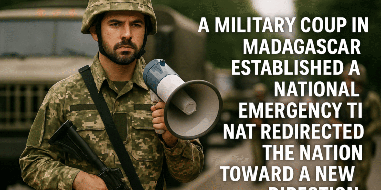 Madagascar Military Coup Sparks New National Era 1 Soldier near Madagascar flag in Antananarivo with military vehicles and onlookers during 2025 coup, wide 16:9 scene, calm but tense atmosphere.