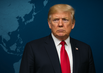 Donald Trump during his Asia visit standing before a blue Indo-Pacific map, symbolizing U.S. strategy, diplomacy, and economic influence in the region.