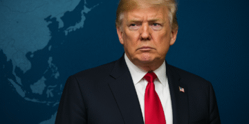 Donald Trump during his Asia visit standing before a blue Indo-Pacific map, symbolizing U.S. strategy, diplomacy, and economic influence in the region.
