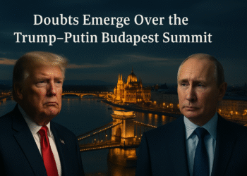 Trump–Putin Budapest Summit Raises Global Doubts 4 Donald Trump and Vladimir Putin in Budapest at night, standing apart with the illuminated Hungarian Parliament and Chain Bridge behind them, symbolizing political tension and uncertainty over the Trump–Putin summit.