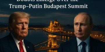 Trump–Putin Budapest Summit Raises Global Doubts 16 Donald Trump and Vladimir Putin in Budapest at night, standing apart with the illuminated Hungarian Parliament and Chain Bridge behind them, symbolizing political tension and uncertainty over the Trump–Putin summit.