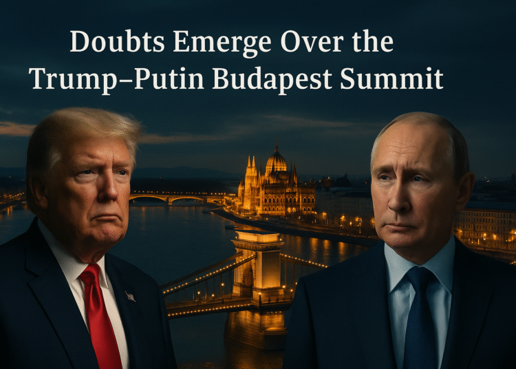 Trump–Putin Budapest Summit Raises Global Doubts 10 Donald Trump and Vladimir Putin in Budapest at night, standing apart with the illuminated Hungarian Parliament and Chain Bridge behind them, symbolizing political tension and uncertainty over the Trump–Putin summit.
