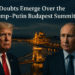 Donald Trump and Vladimir Putin in Budapest at night, standing apart with the illuminated Hungarian Parliament and Chain Bridge behind them, symbolizing political tension and uncertainty over the Trump–Putin summit.