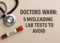 A medical-themed 16:9 image showing a stethoscope and a labeled test tube with the title “Doctors Warn: 5 Misleading Lab Tests to Avoid,” symbolizing unnecessary medical testing.