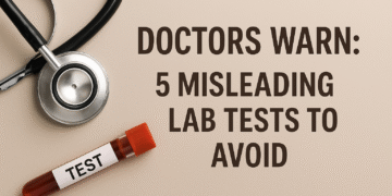 A medical-themed 16:9 image showing a stethoscope and a labeled test tube with the title “Doctors Warn: 5 Misleading Lab Tests to Avoid,” symbolizing unnecessary medical testing.