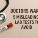 A medical-themed 16:9 image showing a stethoscope and a labeled test tube with the title “Doctors Warn: 5 Misleading Lab Tests to Avoid,” symbolizing unnecessary medical testing.