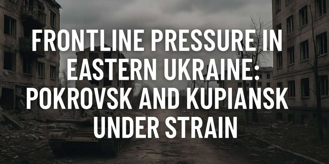 Eastern Ukraine Front: Pokrovsk and Kupiansk Battles 1 War-torn cityscape of Pokrovsk and Kupiansk under cloudy sky, showing damaged buildings and a tank amid the Eastern Ukraine frontline battles in autumn 2025.