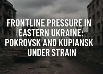 War-torn cityscape of Pokrovsk and Kupiansk under cloudy sky, showing damaged buildings and a tank amid the Eastern Ukraine frontline battles in autumn 2025.