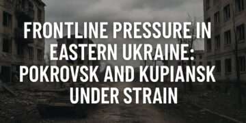 Eastern Ukraine Front: Pokrovsk and Kupiansk Battles 16 War-torn cityscape of Pokrovsk and Kupiansk under cloudy sky, showing damaged buildings and a tank amid the Eastern Ukraine frontline battles in autumn 2025.