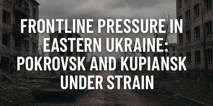 War-torn cityscape of Pokrovsk and Kupiansk under cloudy sky, showing damaged buildings and a tank amid the Eastern Ukraine frontline battles in autumn 2025.