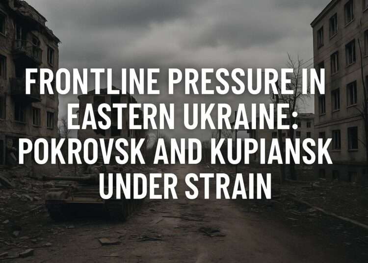 Eastern Ukraine Front: Pokrovsk and Kupiansk Battles 10 War-torn cityscape of Pokrovsk and Kupiansk under cloudy sky, showing damaged buildings and a tank amid the Eastern Ukraine frontline battles in autumn 2025.