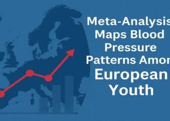 Infographic showing a map of Europe with rising red graph lines symbolizing increasing blood pressure patterns among European youth, blue background, scientific theme.