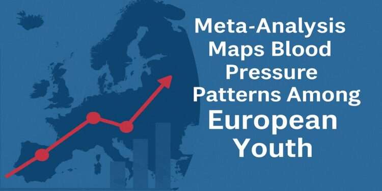 European Youth Blood Pressure Trends 2025 Study 1 Infographic showing a map of Europe with rising red graph lines symbolizing increasing blood pressure patterns among European youth, blue background, scientific theme.