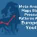 European Youth Blood Pressure Trends 2025 Study 2 Infographic showing a map of Europe with rising red graph lines symbolizing increasing blood pressure patterns among European youth, blue background, scientific theme.